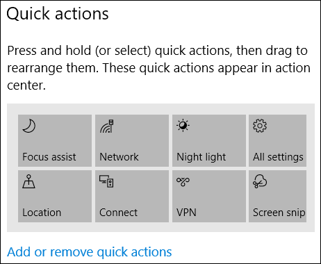 acciones rápidas disponibles que se muestran en la aplicación de configuración