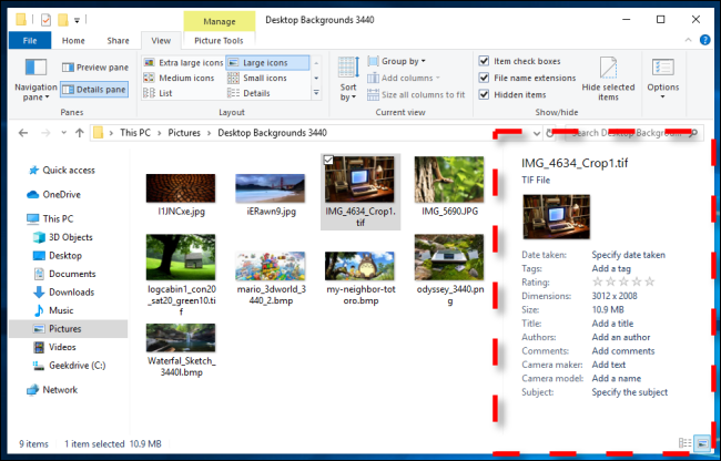 Ejemplo de panel de detalles en el Explorador de archivos de Windows 10