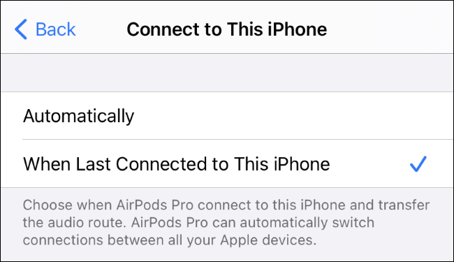 Seleccionando "La última vez que se conectó a este iPhone" para AirPods.