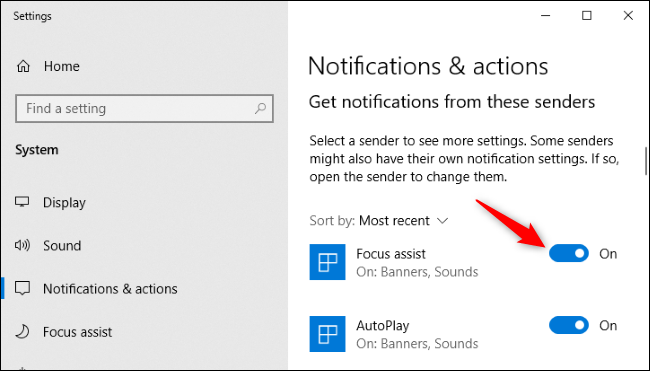 Deshabilitar notificaciones para una aplicación en la configuración de Windows 10.