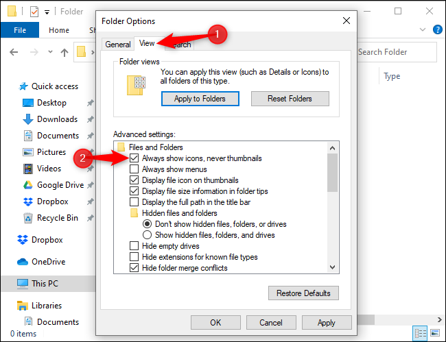 Configuración del Explorador de archivos para mostrar siempre iconos y nunca miniaturas