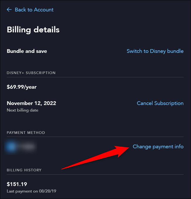 Página de detalles de facturación de Disney +