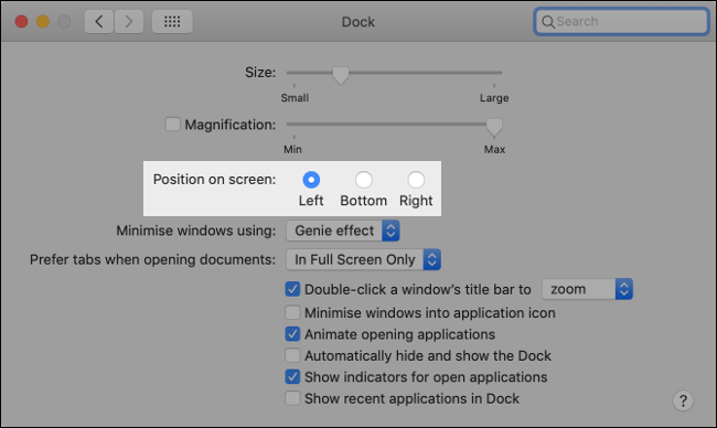 El ajuste "Posición en pantalla" en el menú "Dock" en macOS.
