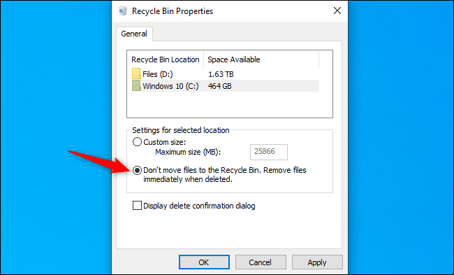 Decirle a Windows 10 que omita la Papelera de reciclaje para unidades específicas.