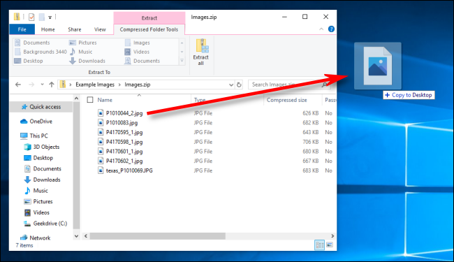 Arrastrar un archivo fuera de un archivo Zip en Windows 10.