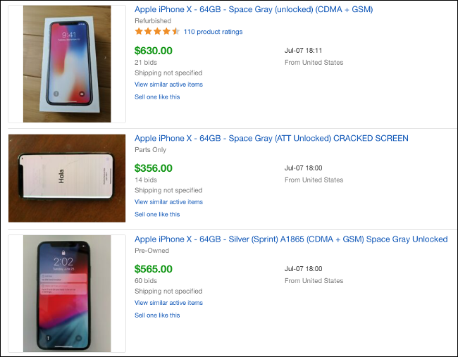 Listados de subastas de eBay de iPhone X vendidos.