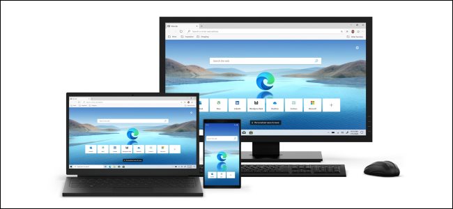 Navegadores Edge que se ejecutan en una computadora de escritorio, computadora portátil y teléfono inteligente.