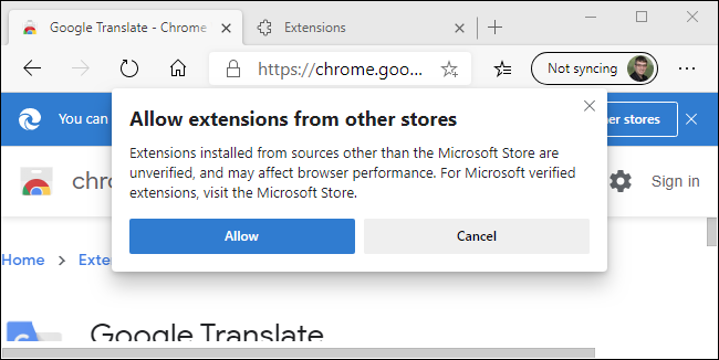 Advertencia de Edge sobre Chrome Web Store