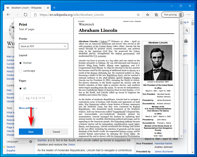 Haga clic en Guardar en la ventana de impresión en Microsoft Edge