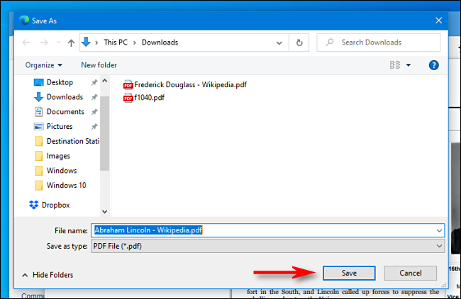 Haga clic en Guardar en Guardar como cuadro de diálogo en Microsoft Edge