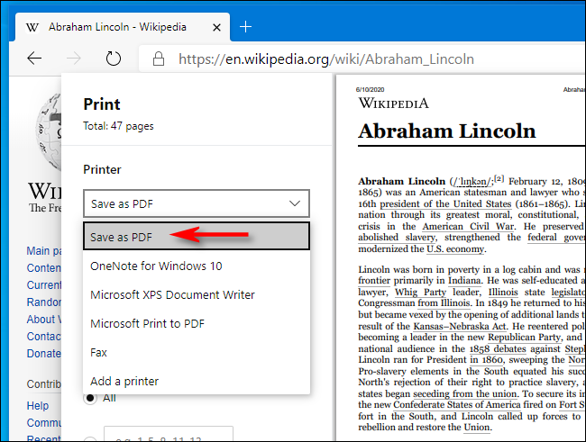 Seleccione Guardar como PDF en la ventana Imprimir en Microsoft Edge