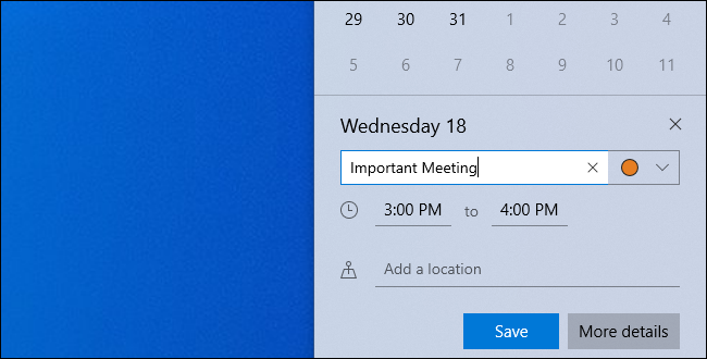 Editar los detalles de un evento mientras se agrega al panel de reloj de Windows 10.