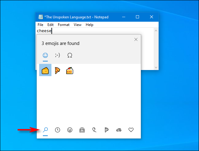 Haga clic en la lupa para volver a los resultados de búsqueda de emoji en Windows 10