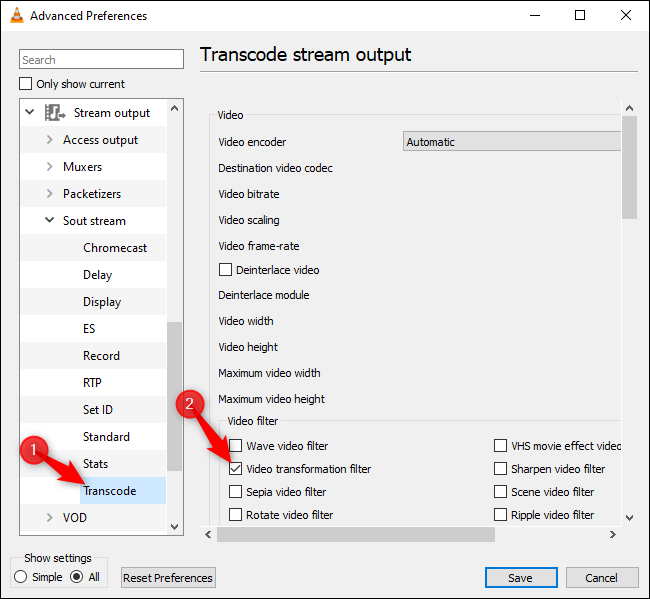 Habilitando la opción de transformación de video en Transcode en las preferencias avanzadas de VLC.