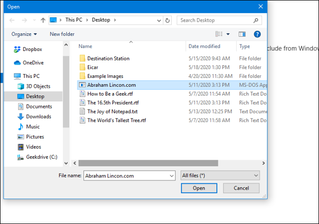Seleccionar un archivo para excluir de los análisis de Windows Defender en la configuración de seguridad de Windows para Windows 10