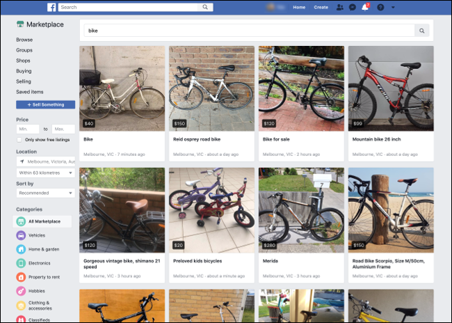 Búsqueda de bicicletas en el mercado de Facebook