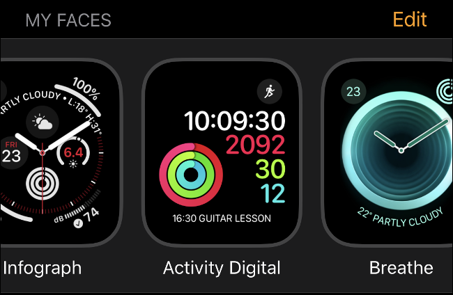 La pantalla de caras de reloj del Apple Watch "My Faces" en watchOS 6.