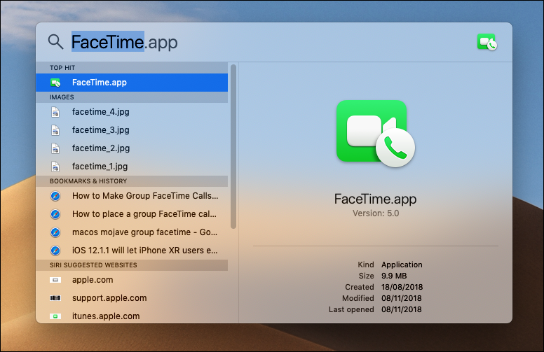 Buscar Spotlight para la aplicación FaceTime