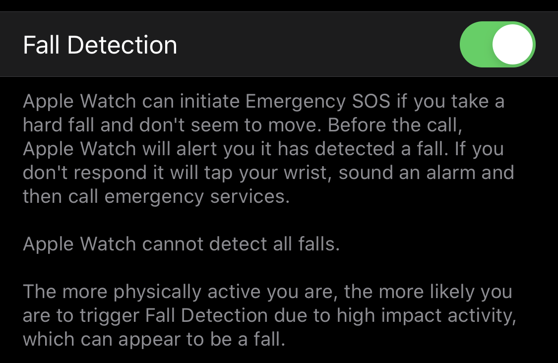 La opción "Detección de caídas" en Apple Watch.