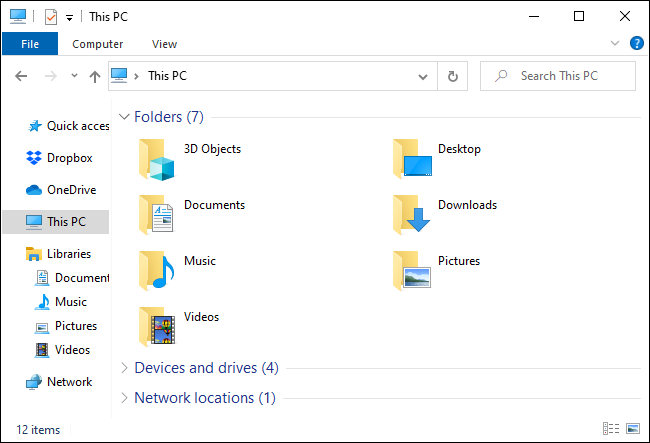 La vista "Esta PC" en el Explorador de archivos de Windows 10