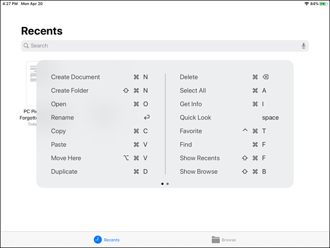 Ventana emergente de método abreviado de teclado de comando de archivos en iPad