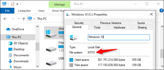 Comprobación del sistema de archivos de una unidad en Windows 10.