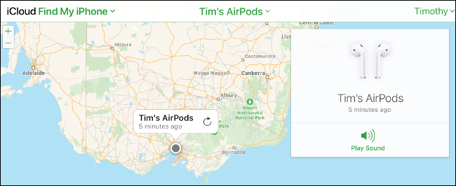 AirPods etiquetados en un mapa "Buscar mi iPhone" en el sitio web de iCloud. 