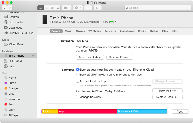 Sincronizar dispositivos iOS en macOS Catalina a través del Finder