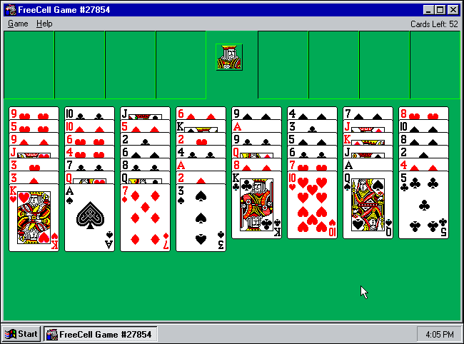 Un juego de Microsoft "Freecell" en progreso en Windows 95.