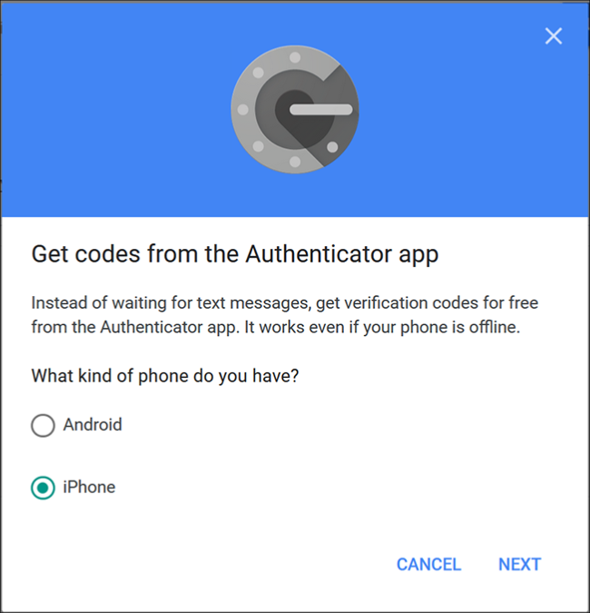 La pantalla del Autenticador de Google donde eliges "Android" o "iPhone".