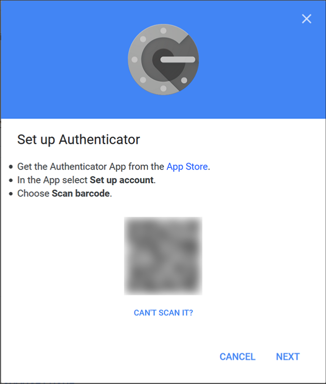 La pantalla del Autenticador de Google donde escanea el código QR usando la aplicación en su teléfono.