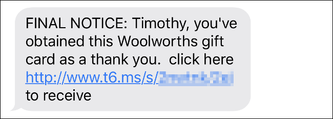 Una estafa por mensaje de texto para el ganador de una "Tarjeta de regalo" con muchos errores gramaticales.