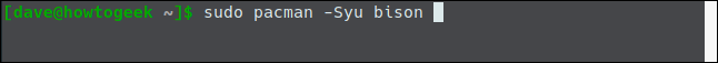 "sudo pacman -Syu bison" en una ventana de terminal.