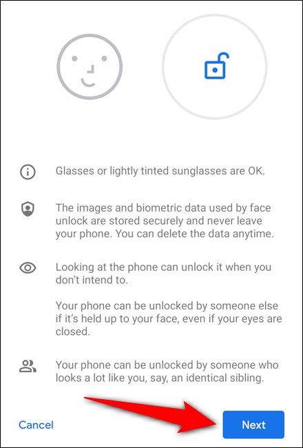 Google Pixel 4 Seleccione Siguiente después de leer las instrucciones