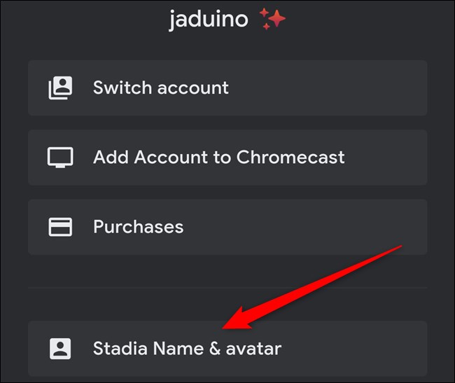 Aplicación Google Stadia Haga clic en el nombre y avatar de Stadia