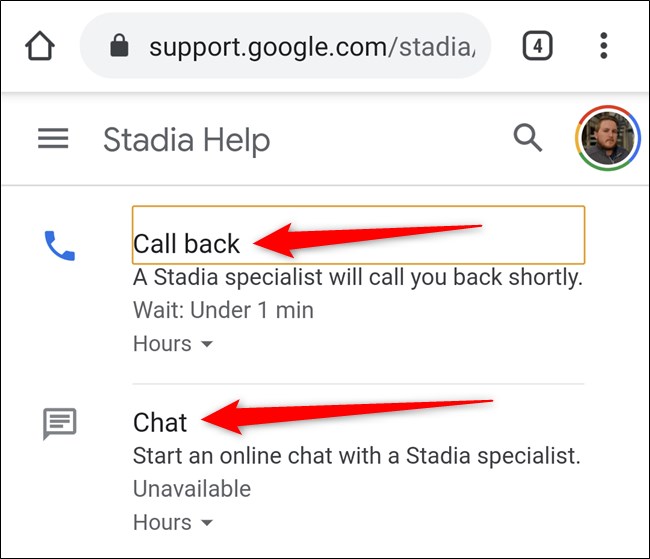 Aplicación Google Stadia Seleccione Devolución de llamada o Chat