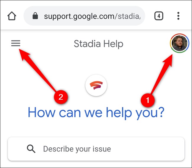 Aplicación Google Stadia Inicie sesión en la cuenta de Google y haga clic en el menú Hamburguesa