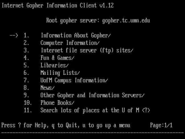 El menú principal de Gopher en una ventana de terminal.