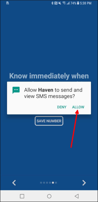 Solicitud de permiso para mensajes SMS de Haven