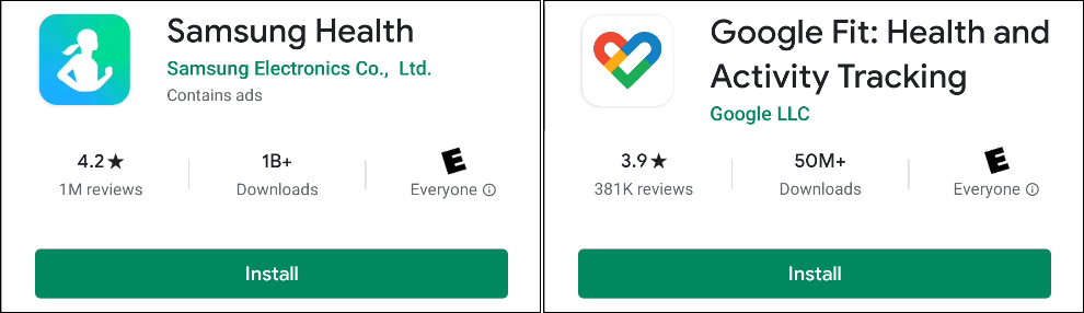 Las aplicaciones "Samsung Health" y "Google Fit" en la tienda Google Play.