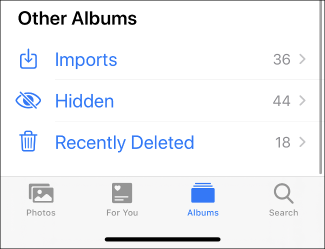 El menú "Otros álbumes" en la aplicación Fotos.