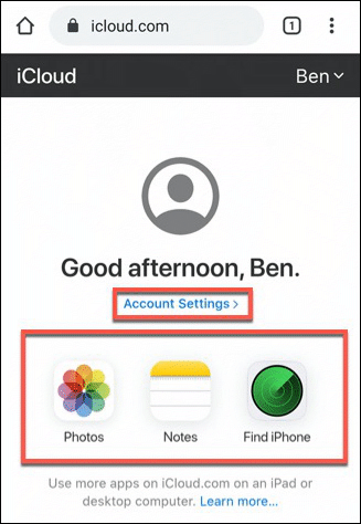 El panel web de iCloud que se muestra en Android
