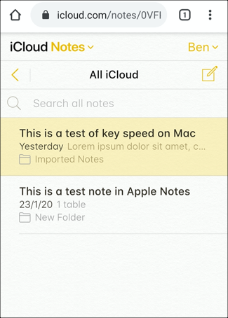 Notas de iCloud, que se muestran en Android usando el navegador Chrome