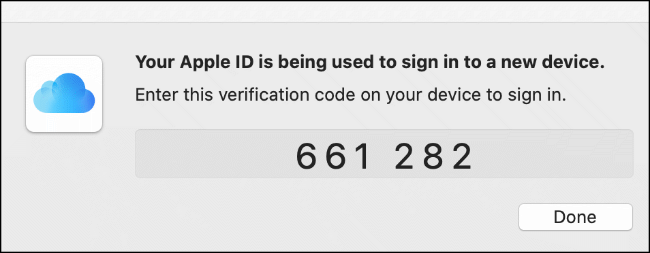 Un código de autenticación de dos factores para iniciar sesión en iCloud, que se muestra en un dispositivo macOS