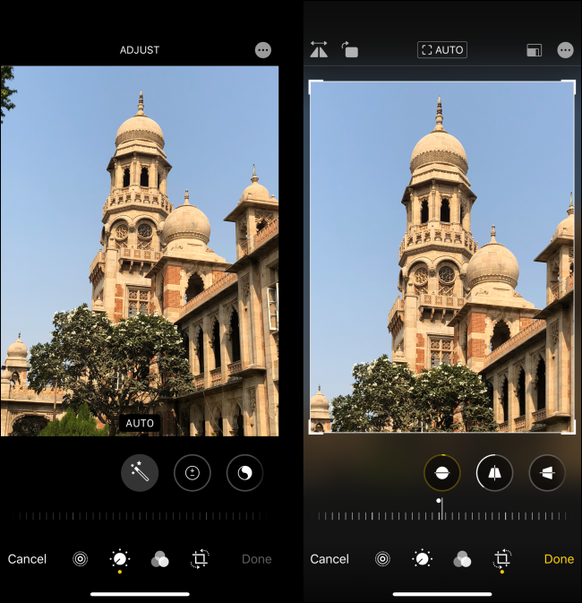 Comparación del editor de fotos de iOS 13 antes y después del ajuste