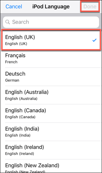 Seleccione un idioma de iOS, luego presione Listo para confirmarlo.