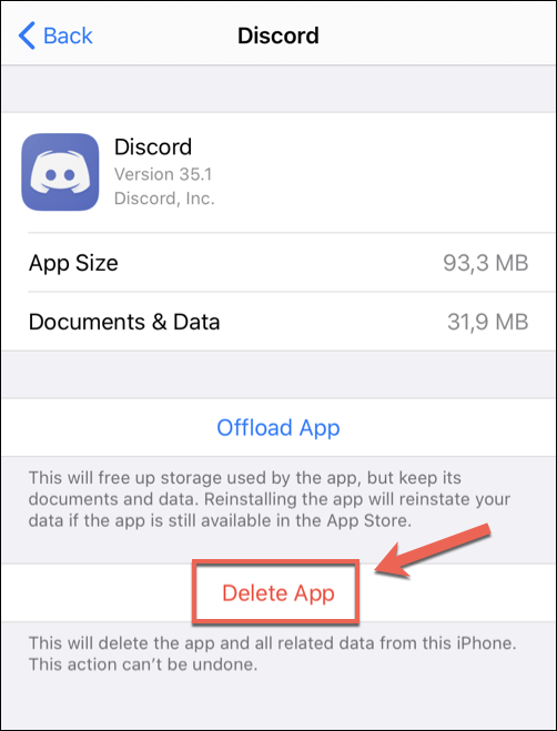Toca "Eliminar aplicación" en el menú "Discord" de tu iPhone o iPad.
