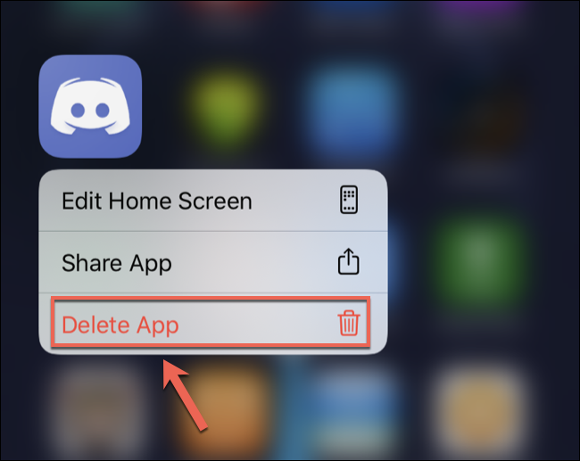 Toque "Eliminar aplicación" para eliminar Discord de la pantalla de inicio de su iPhone o iPad.
