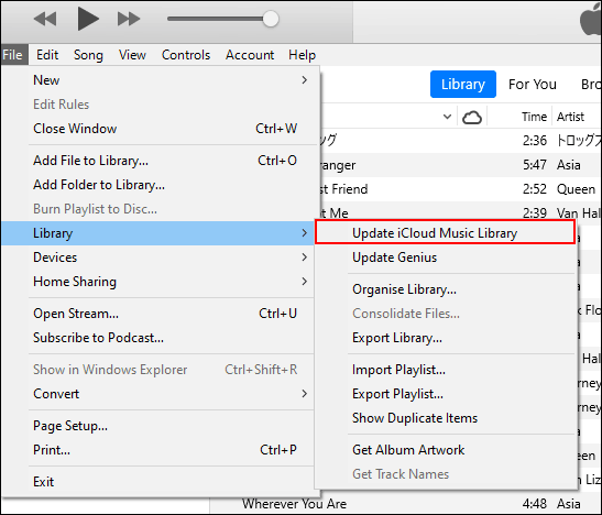 En iTunes, haz clic en Archivo, luego en Biblioteca y luego en Actualizar biblioteca de música de iCloud