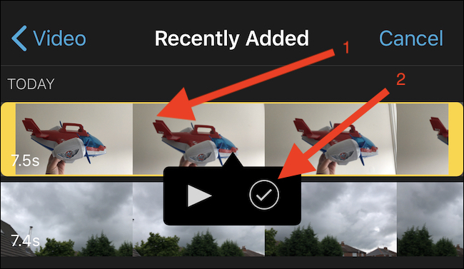 Navegue hasta el video que se utilizará como base para el nuevo proyecto y tóquelo.  Luego toque el botón de marca de verificación.